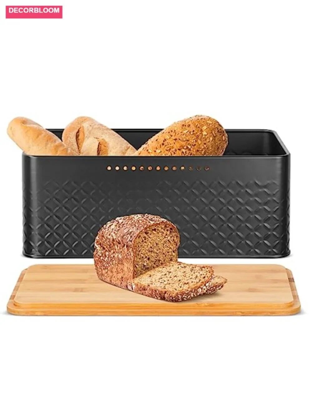Metal Bread Box with Bamboo Cutting Board Lid, Kitchen Countertop Storage Bin